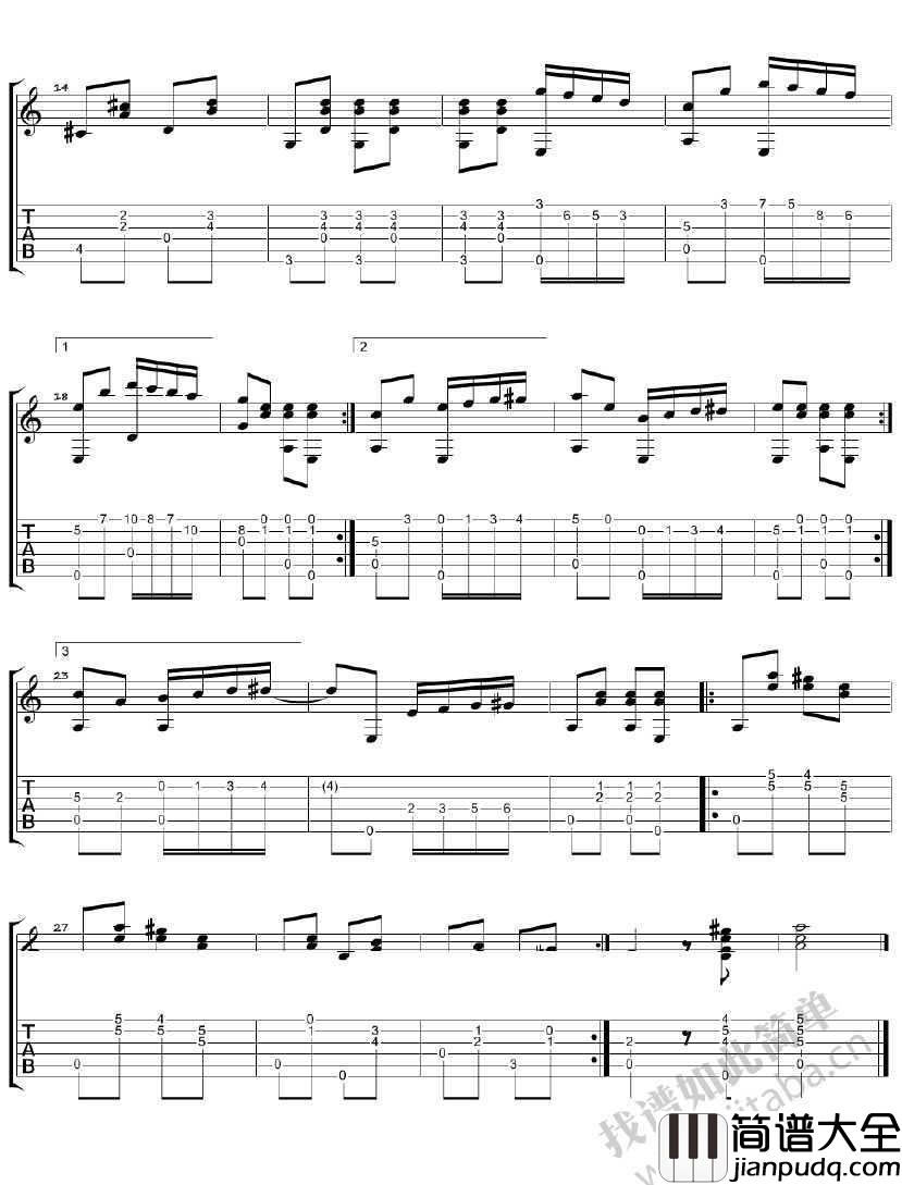 四只小天鹅吉他谱_天鹅湖吉他独奏谱