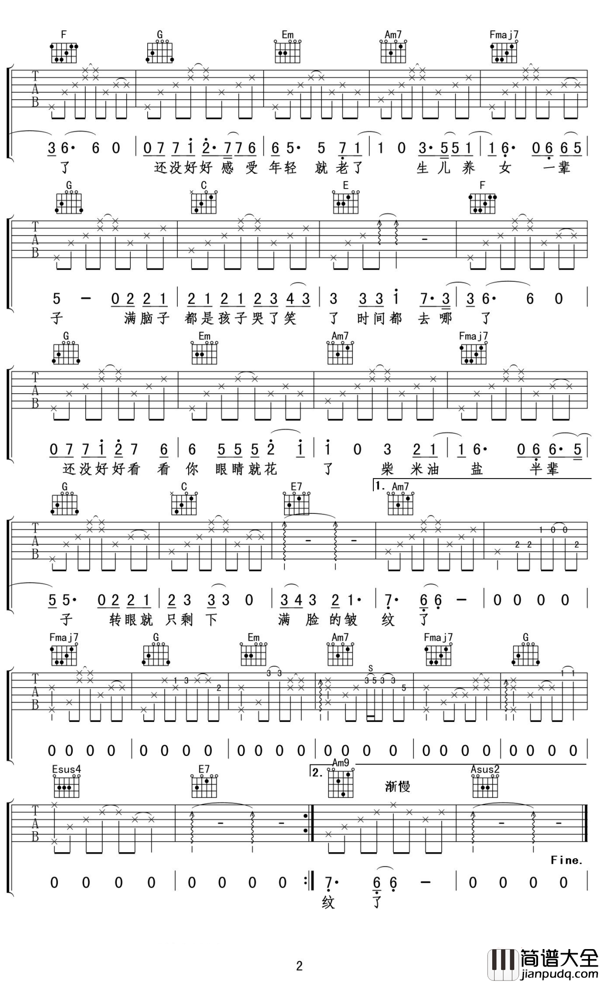 时间都去哪儿了吉他谱_王铮亮_让我们一起珍惜时间，认真对待生活吧