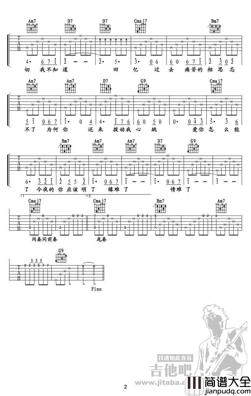 新不了情吉他谱_G调六线谱男生版_鹿晗_新不了情_吉他谱